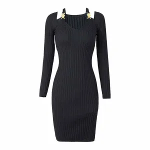Black Pleated Tight-fitting Bodycon Dress Knitted Dress
