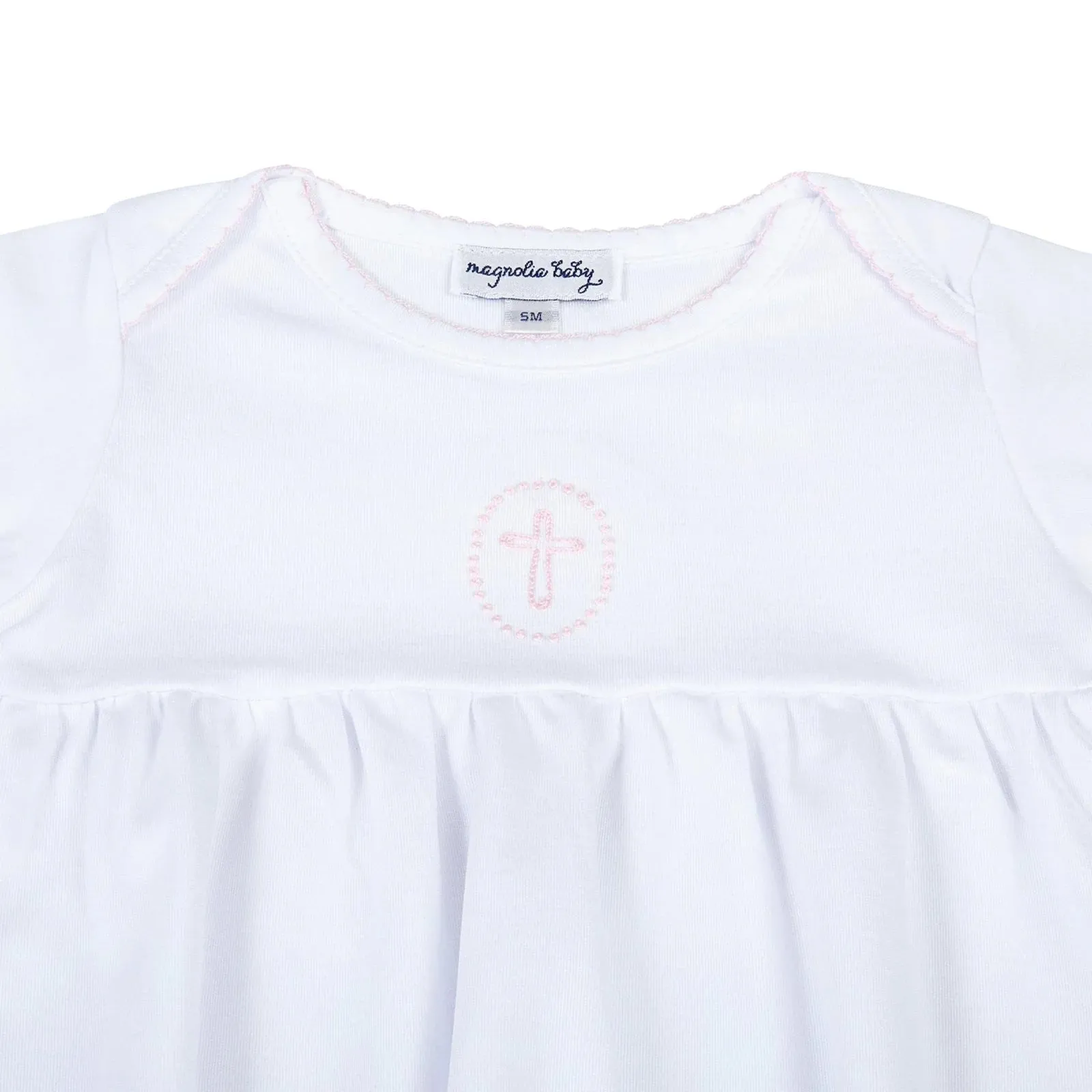 BLESSED EMBROIDERED COLLARED LONG SLEEVE GATHERED GOWN - PINK