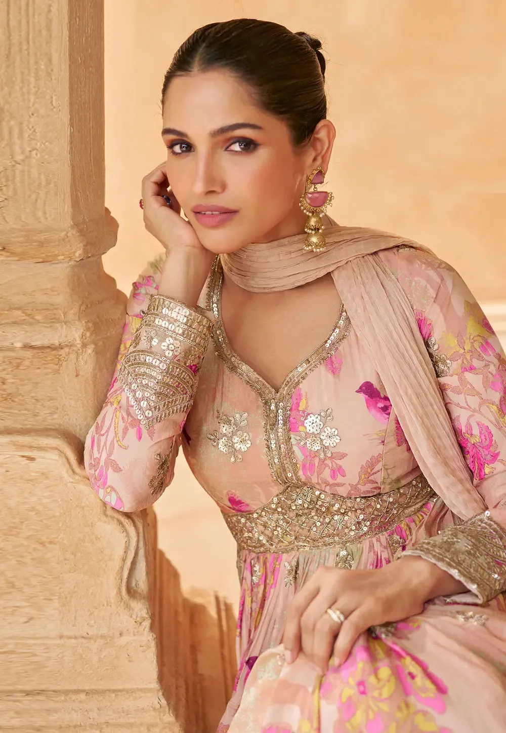 Blooming Grace Peach Embroidered Anarkali Gown