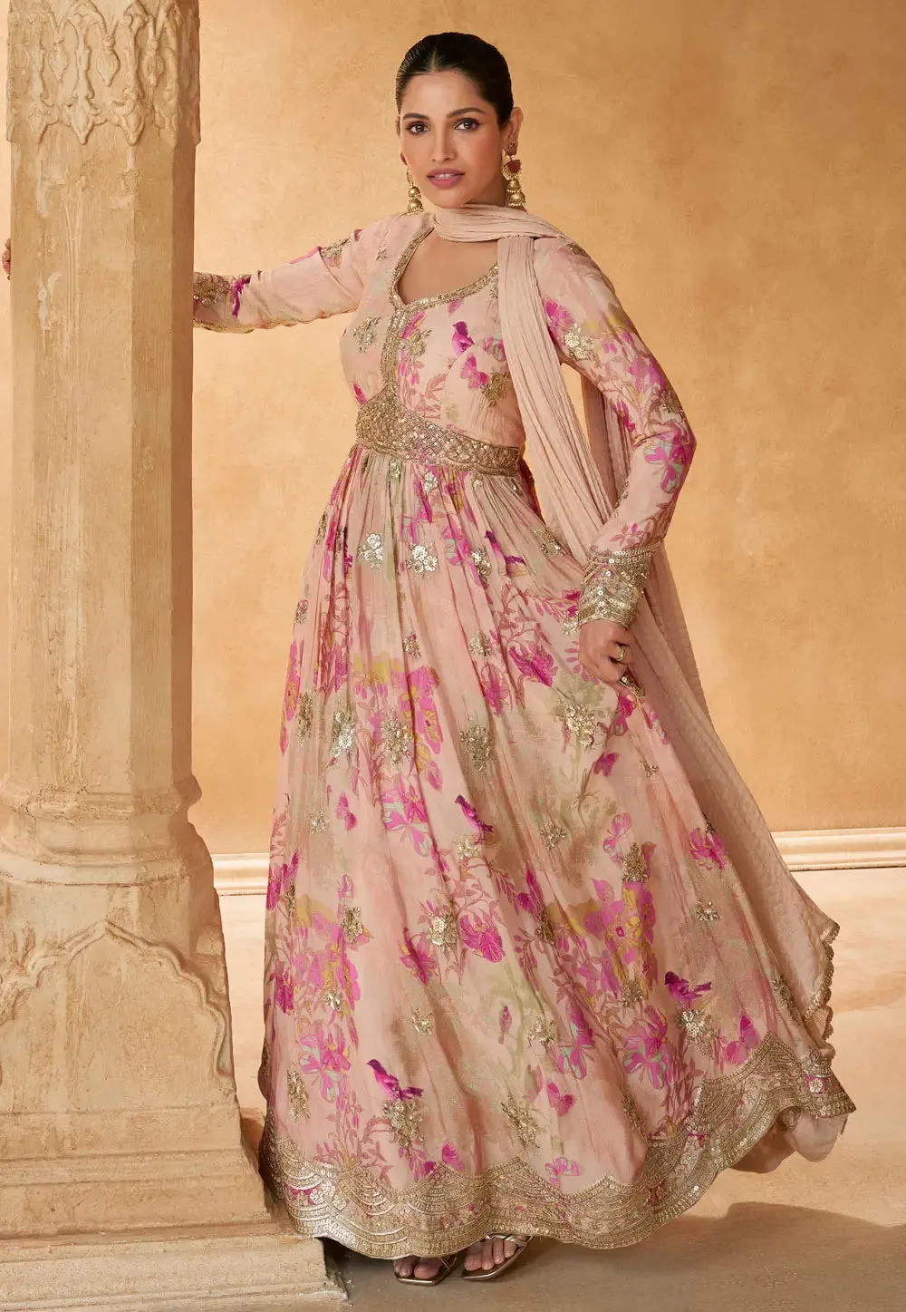 Blooming Grace Peach Embroidered Anarkali Gown