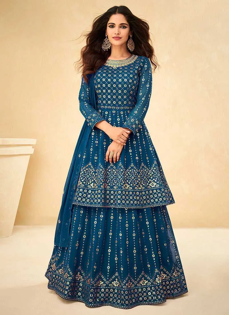 Blue and Gold Sequin Embroidered Indo Western Lehenga