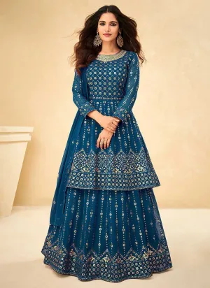 Blue and Gold Sequin Embroidered Indo Western Lehenga