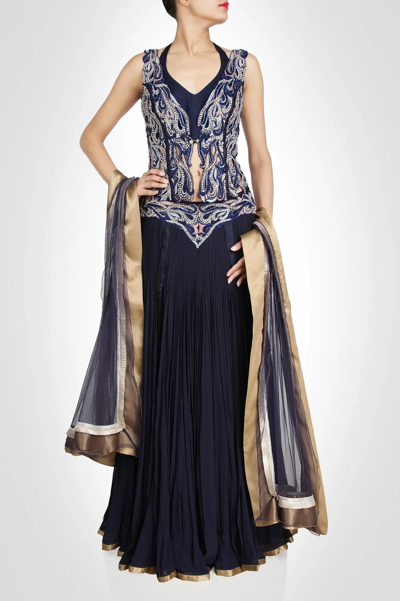 Blue color flaired lehenga available online