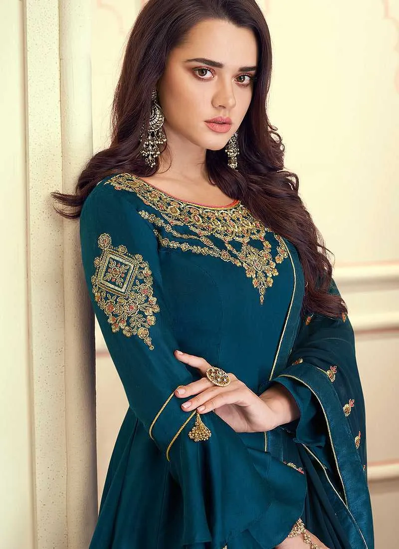 Blue Colored Kalidar Embroidered Silk Voluptuous Gown