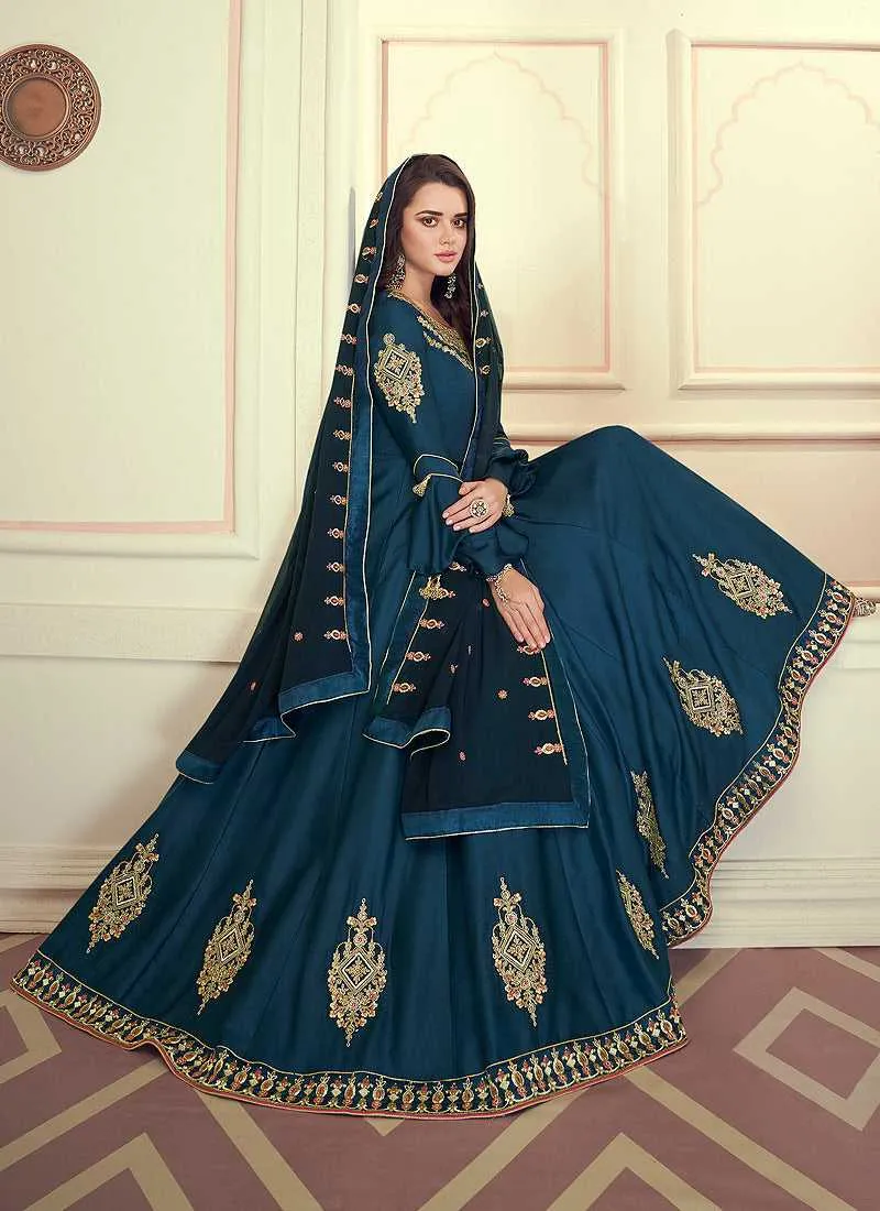 Blue Colored Kalidar Embroidered Silk Voluptuous Gown