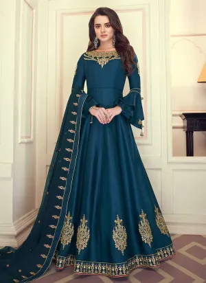 Blue Colored Kalidar Embroidered Silk Voluptuous Gown