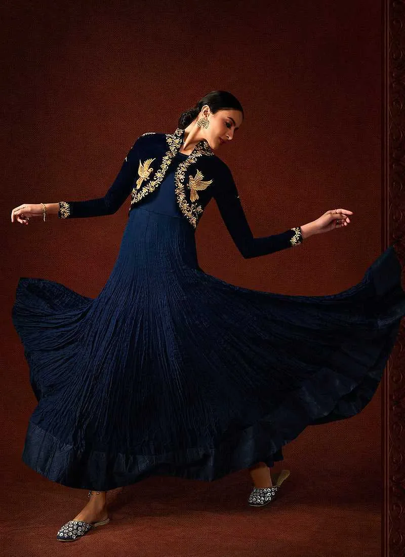 Blue Embroidered Floor Touch Jacket Style Gown