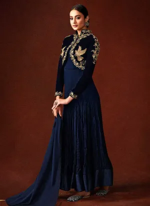 Blue Embroidered Floor Touch Jacket Style Gown