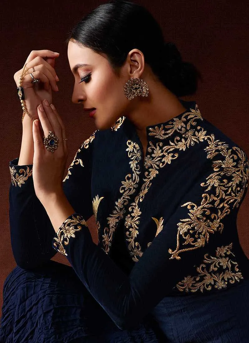 Blue Embroidered Floor Touch Jacket Style Gown