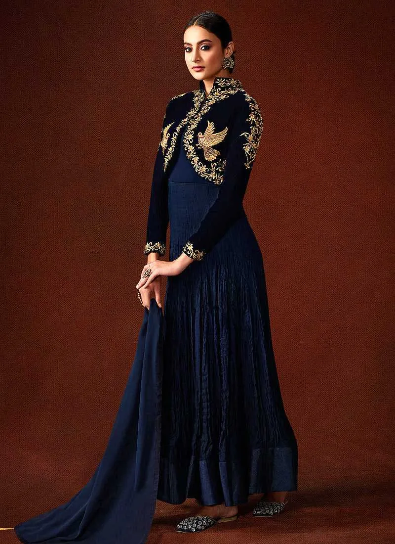 Blue Embroidered Floor Touch Jacket Style Gown