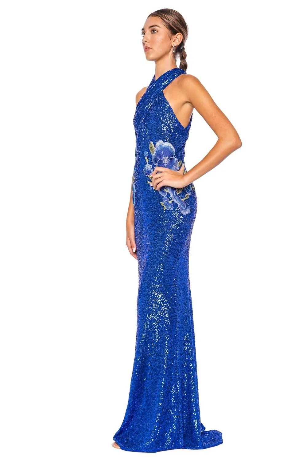 Blue Floral Stretch Sequin Gown
