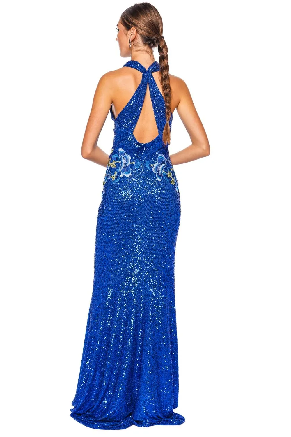 Blue Floral Stretch Sequin Gown