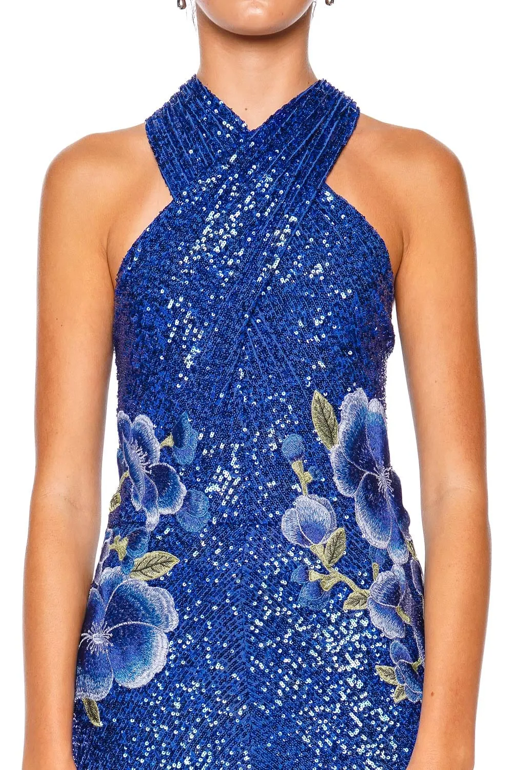 Blue Floral Stretch Sequin Gown