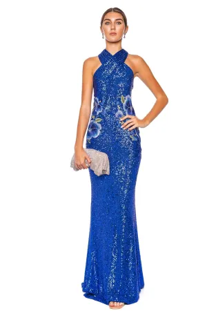 Blue Floral Stretch Sequin Gown