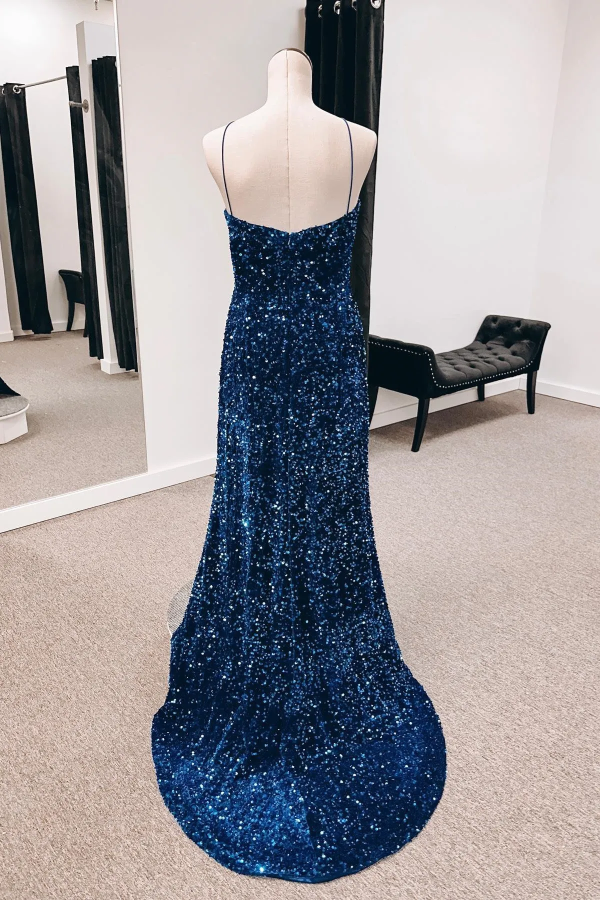 Blue Mermaid Spaghetti Straps Cut-Out Sequins Long Prom Dress
