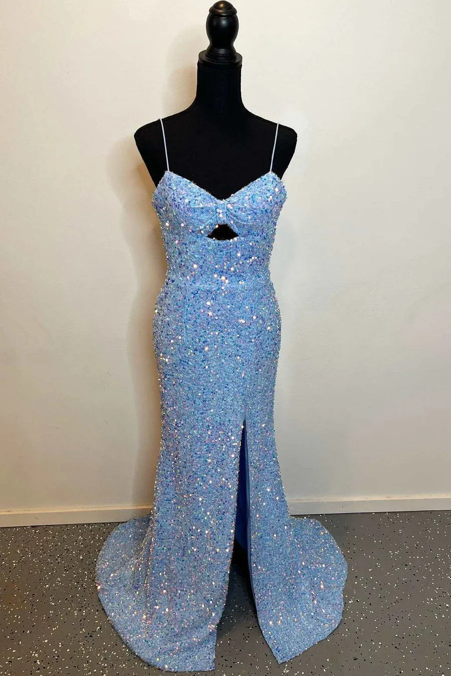 Blue Mermaid Spaghetti Straps Cut-Out Sequins Long Prom Dress