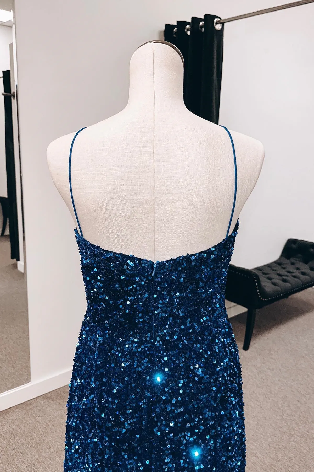 Blue Mermaid Spaghetti Straps Cut-Out Sequins Long Prom Dress