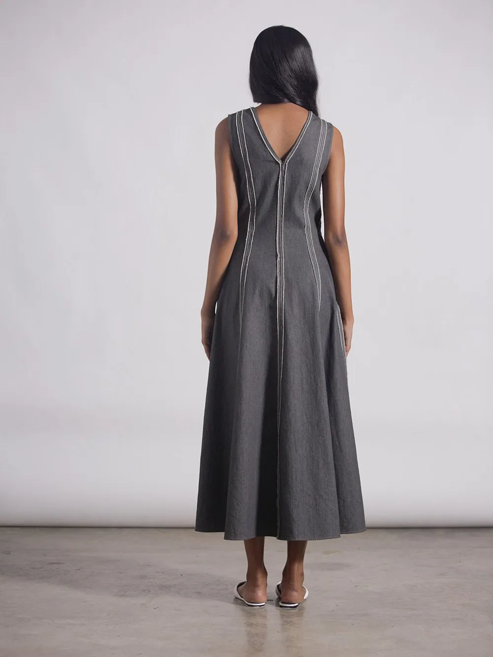 Bodice   I   Dress-This-V-Neck-Sleeveless-Fit-And-Flare-Dress-Is-Made-With-100-Cotton-Denim-It-Has-Raw-Edge-Detailing-Which-Provides-An-Effortless-Off-Duty-Interpretation-To-A-Classic-Shape