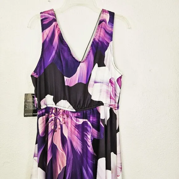 Boston Proper Purple Feminine Floral Print Handkerchief Hem Maxi Dress Size S