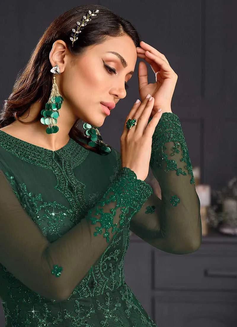 Bottle Green Heavy Floral Embroidered Kalidar Gown Style Anarkali