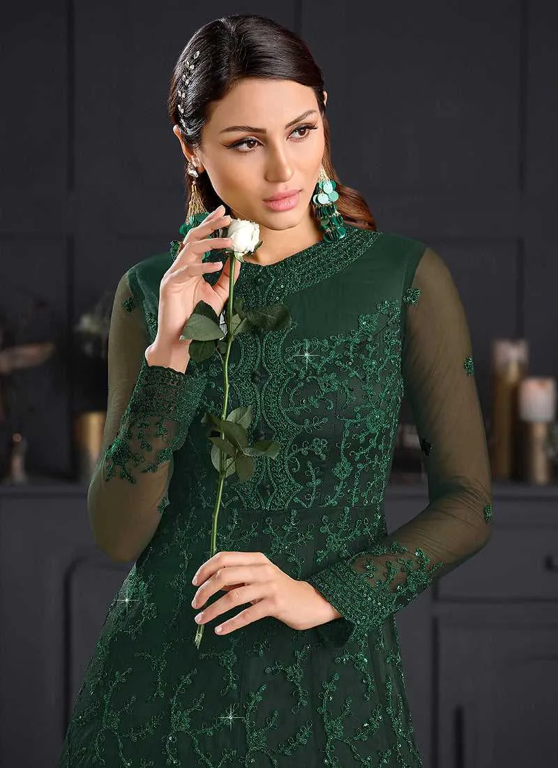 Bottle Green Heavy Floral Embroidered Kalidar Gown Style Anarkali