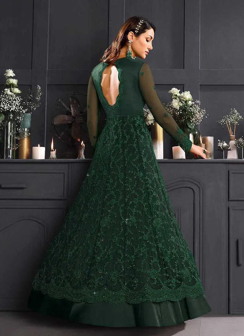 Bottle Green Heavy Floral Embroidered Kalidar Gown Style Anarkali