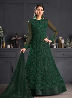 Bottle Green Heavy Floral Embroidered Kalidar Gown Style Anarkali