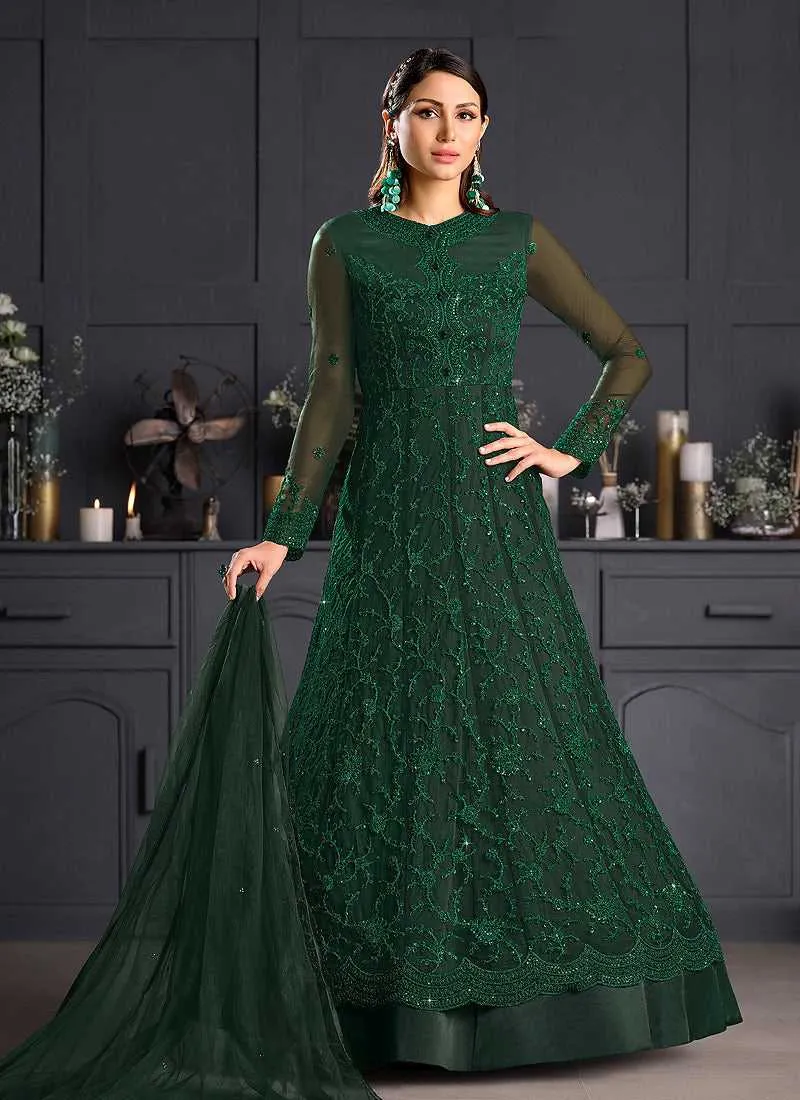 Bottle Green Heavy Floral Embroidered Kalidar Gown Style Anarkali