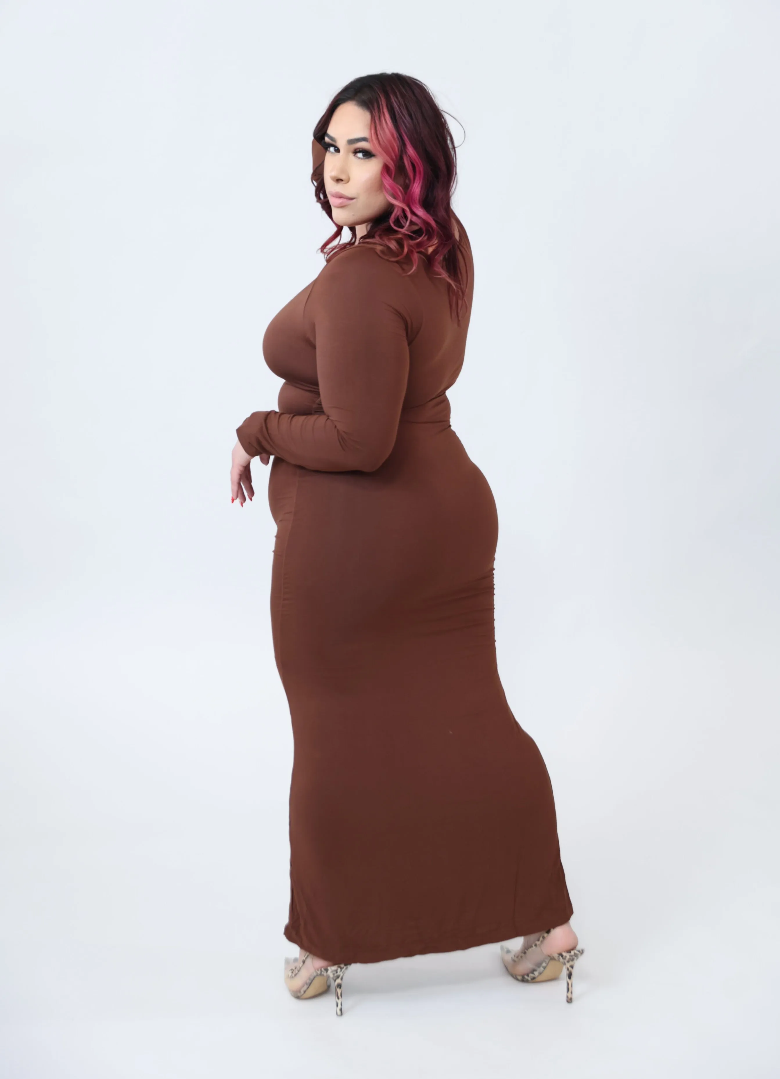 Brown Body Con Long Sleeve Dress
