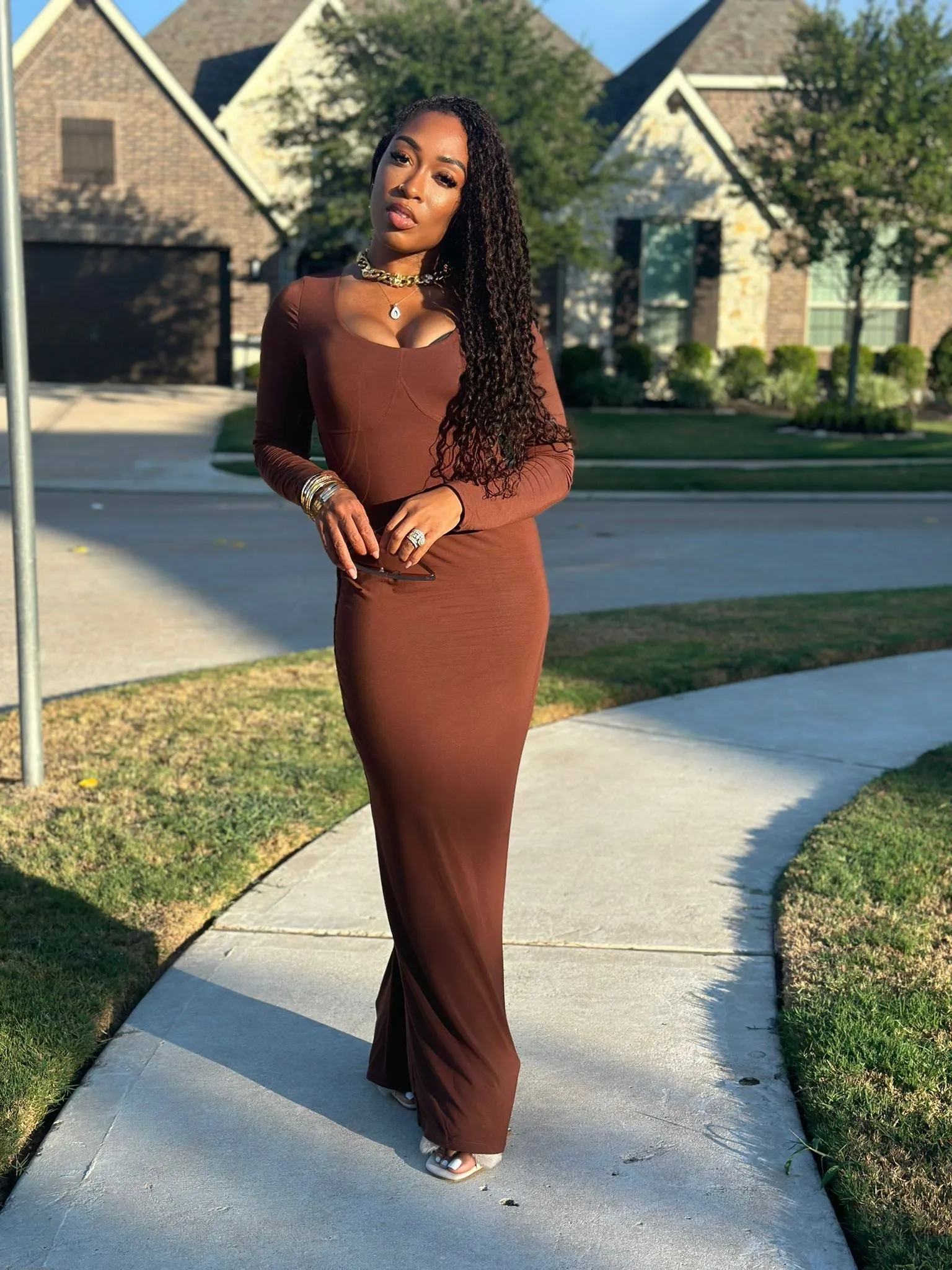 Brown Body Con Long Sleeve Dress