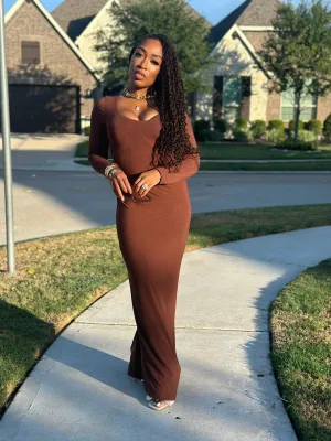 Brown Body Con Long Sleeve Dress