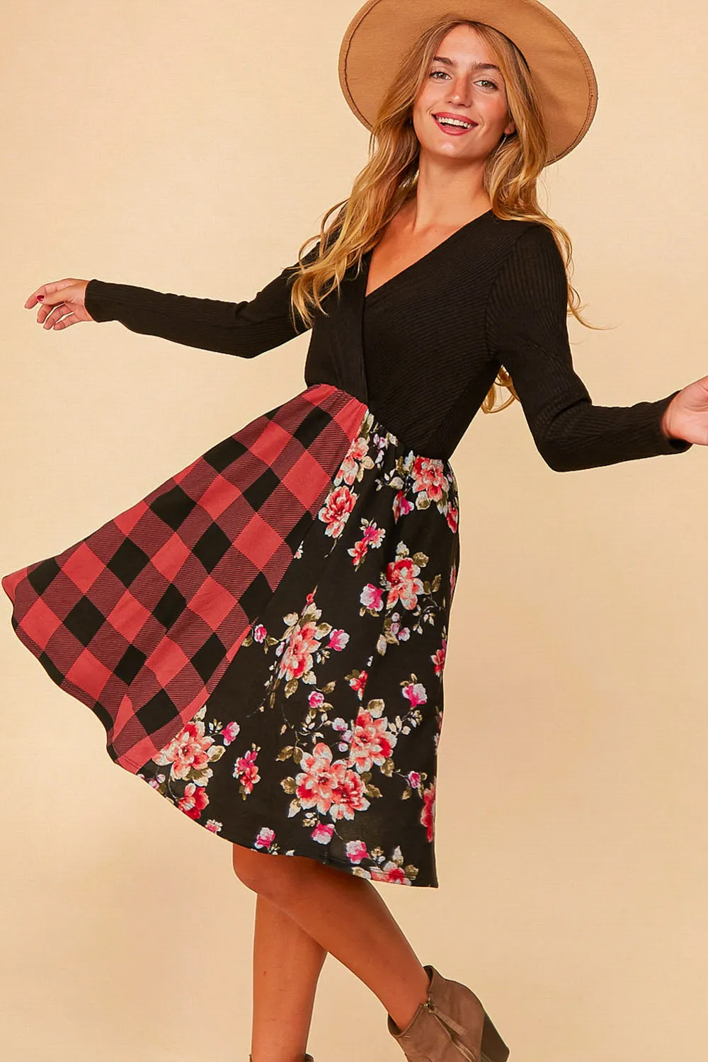 Buffalo Plaid & Floral Fit & Flare Dress