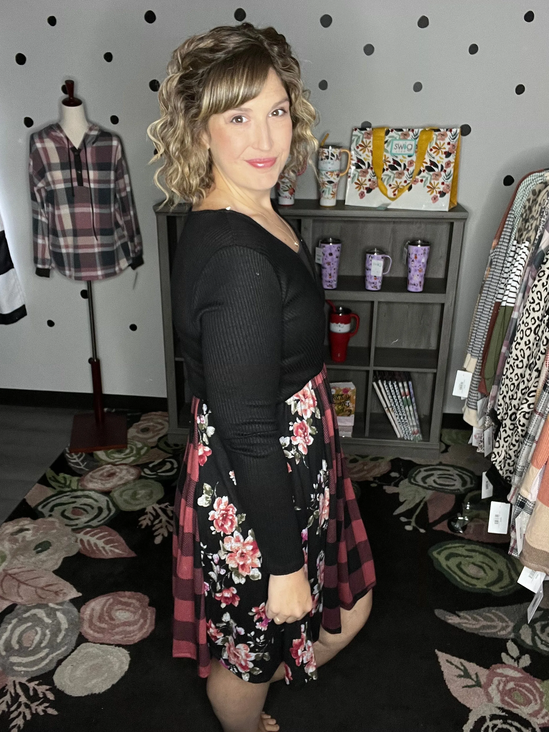 Buffalo Plaid & Floral Fit & Flare Dress