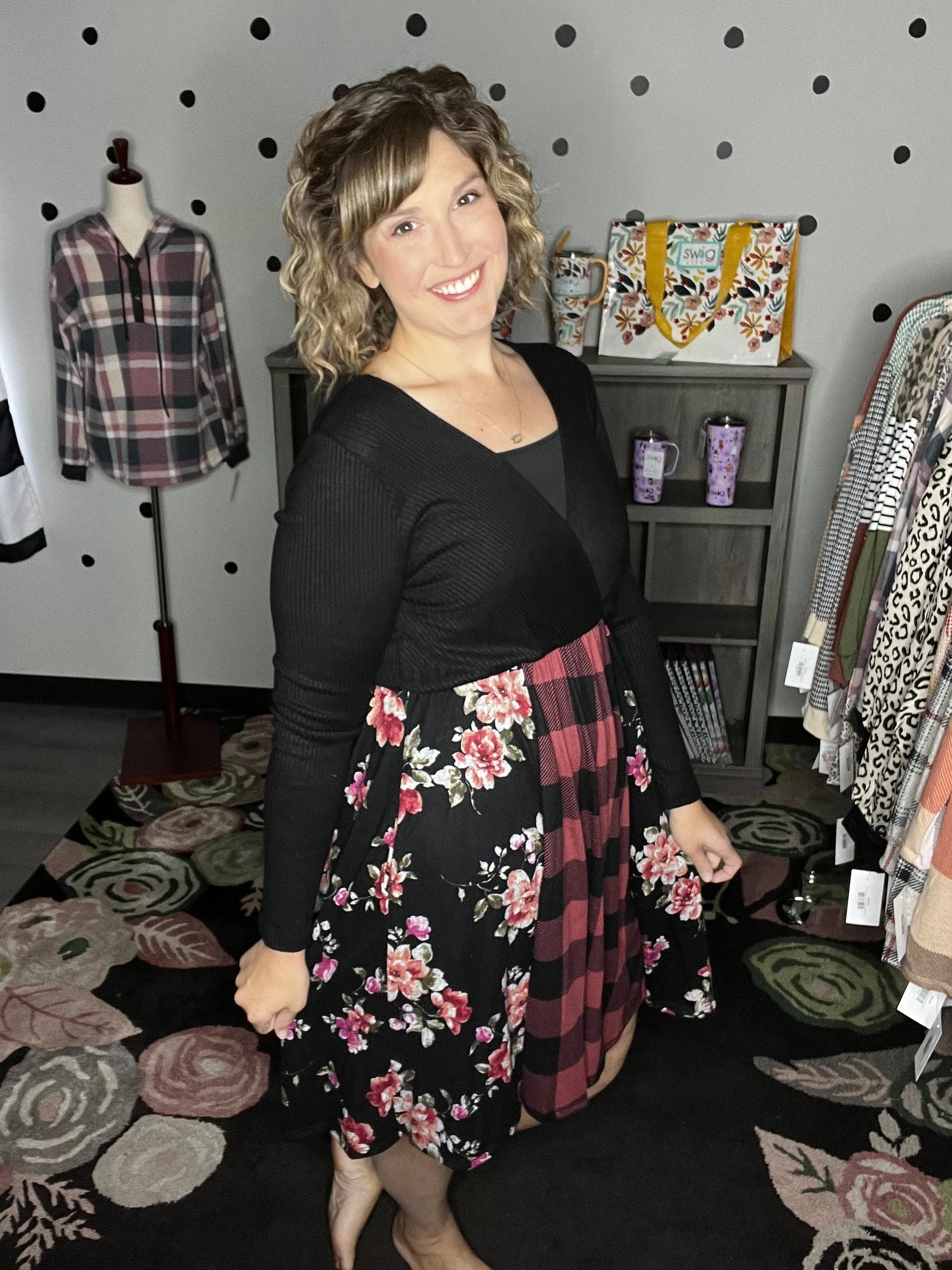 Buffalo Plaid & Floral Fit & Flare Dress