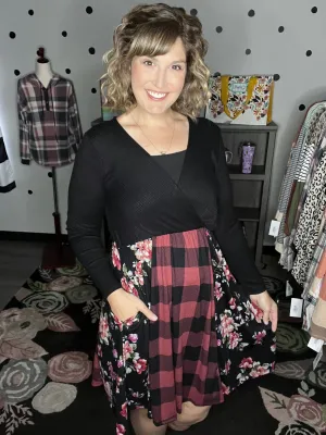 Buffalo Plaid & Floral Fit & Flare Dress