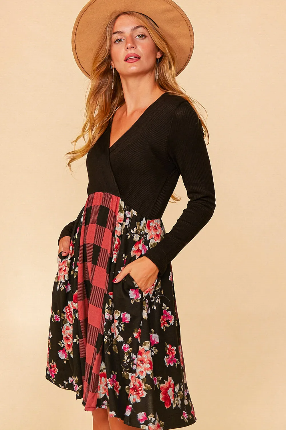 Buffalo Plaid & Floral Fit & Flare Dress