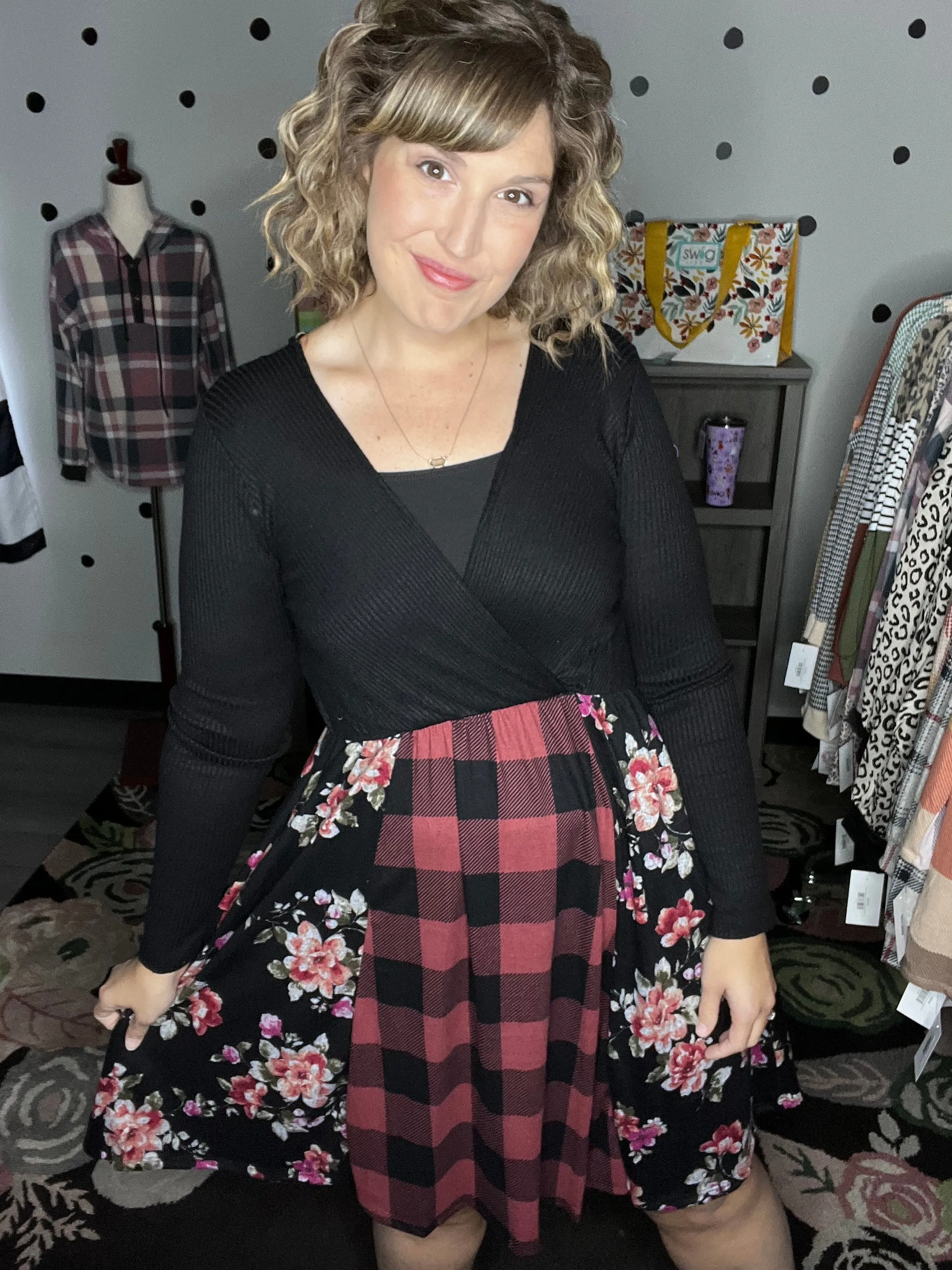 Buffalo Plaid & Floral Fit & Flare Dress