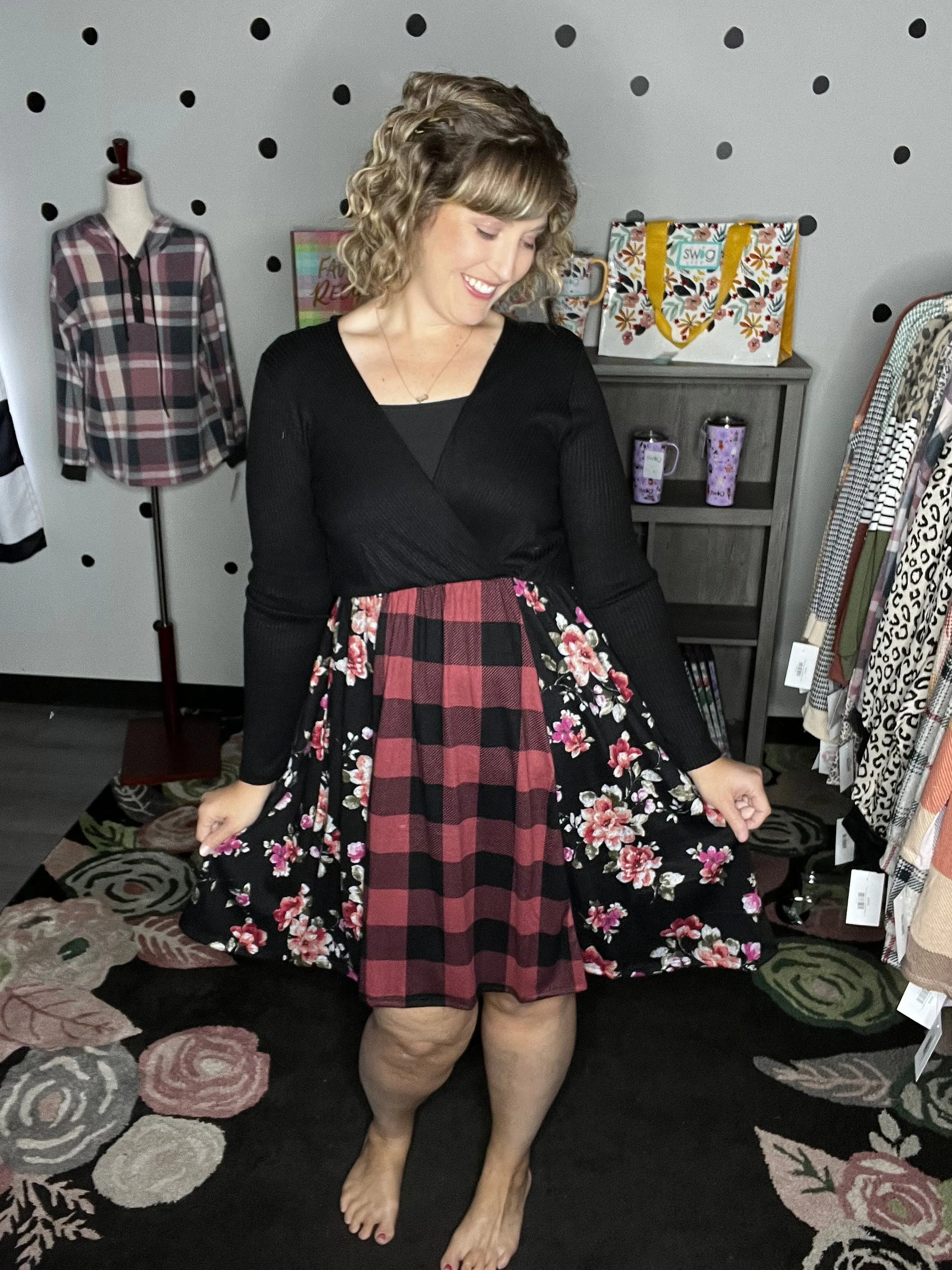 Buffalo Plaid & Floral Fit & Flare Dress