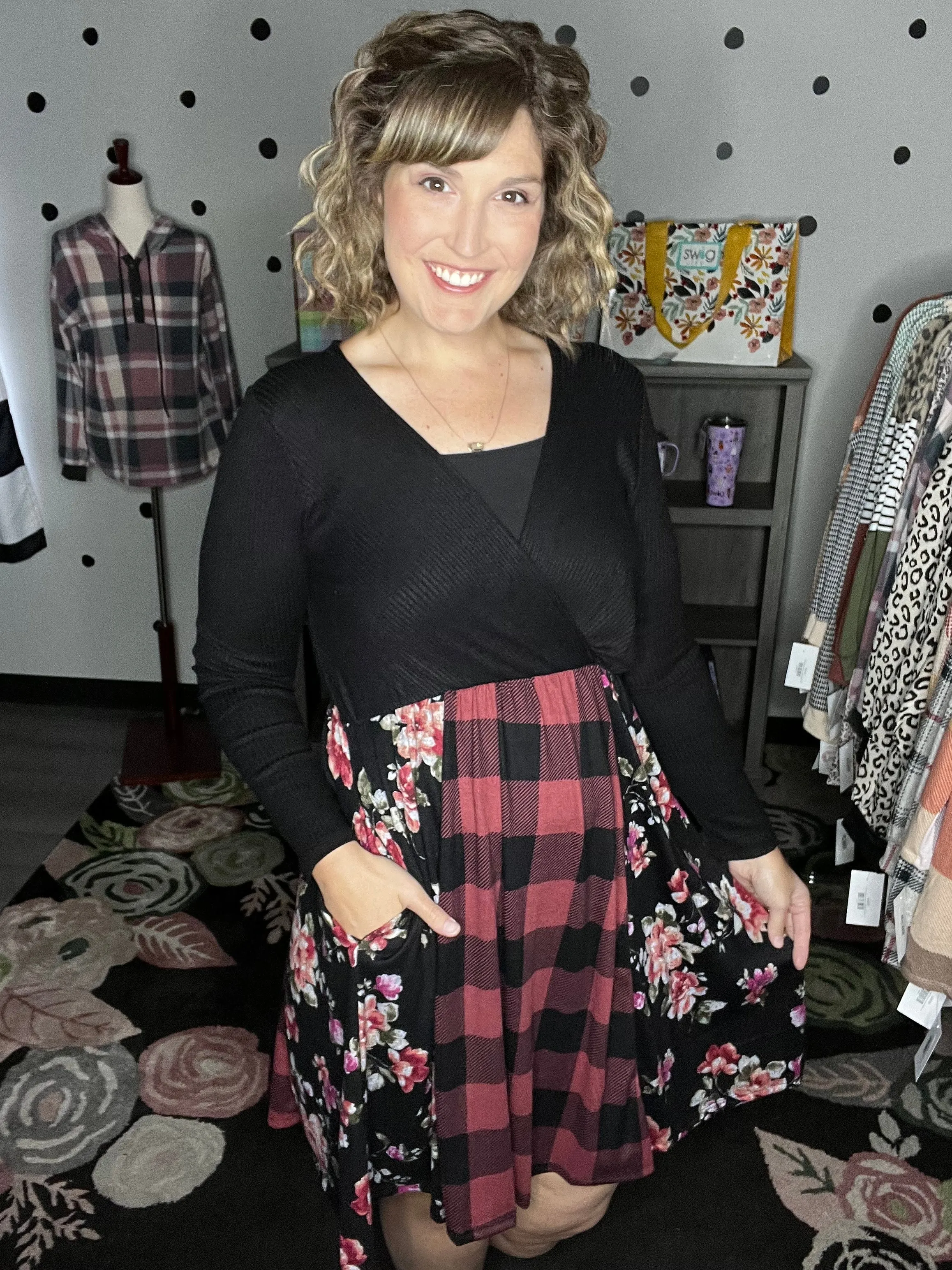 Buffalo Plaid & Floral Fit & Flare Dress