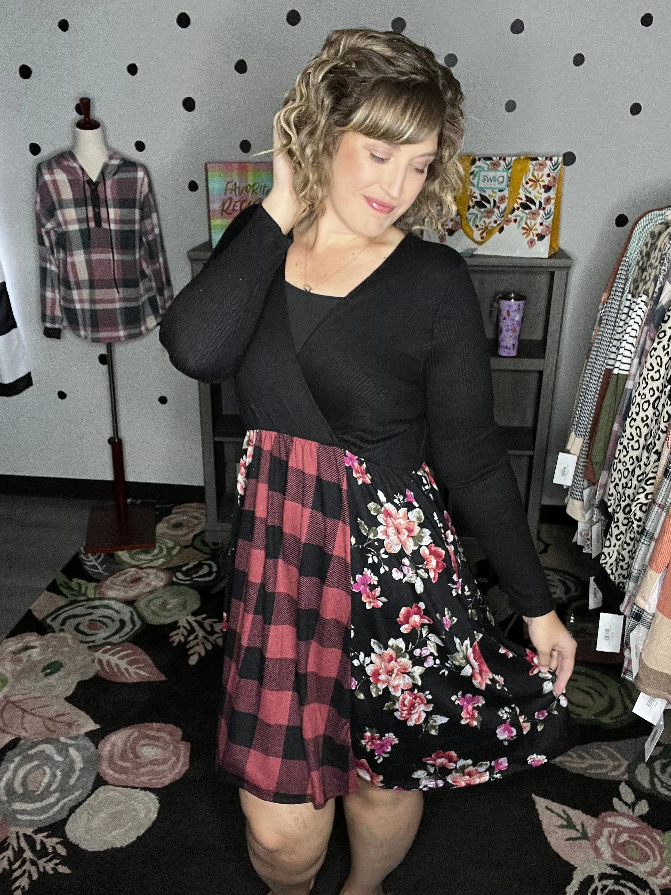 Buffalo Plaid & Floral Fit & Flare Dress