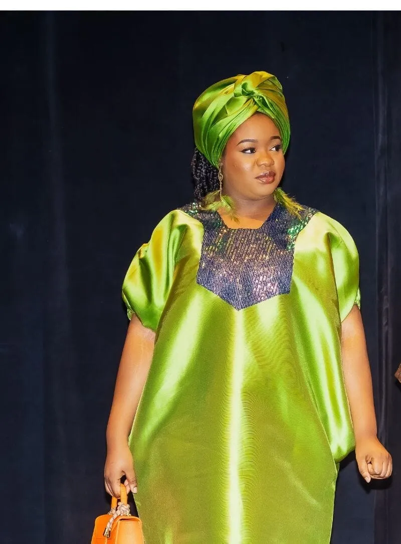 Buga Boubou short dress with multicolored sequin neckline (olive green)