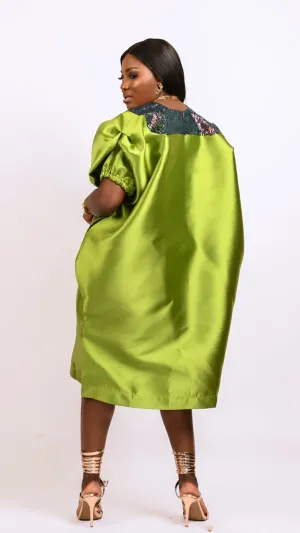 Buga Boubou short dress with multicolored sequin neckline (olive green)