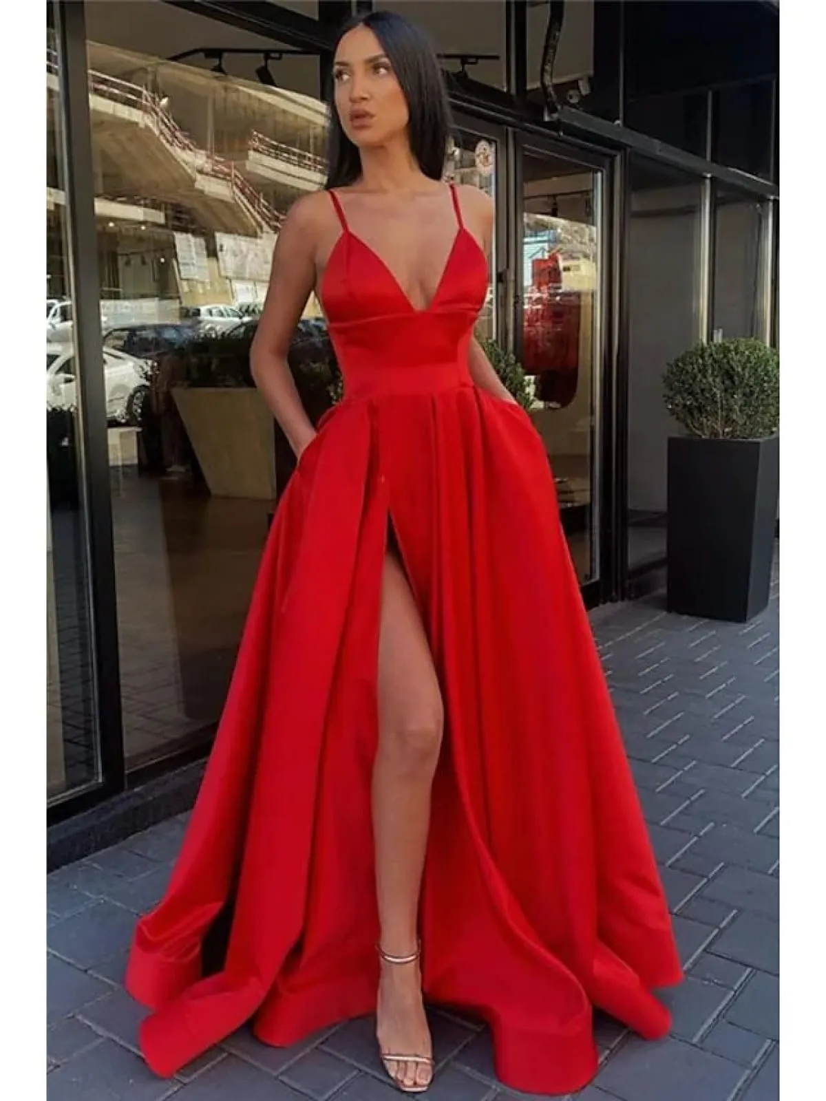 Burgundy Satin Spaghetti Strap V Neck Sweep Train Split Prom Dress