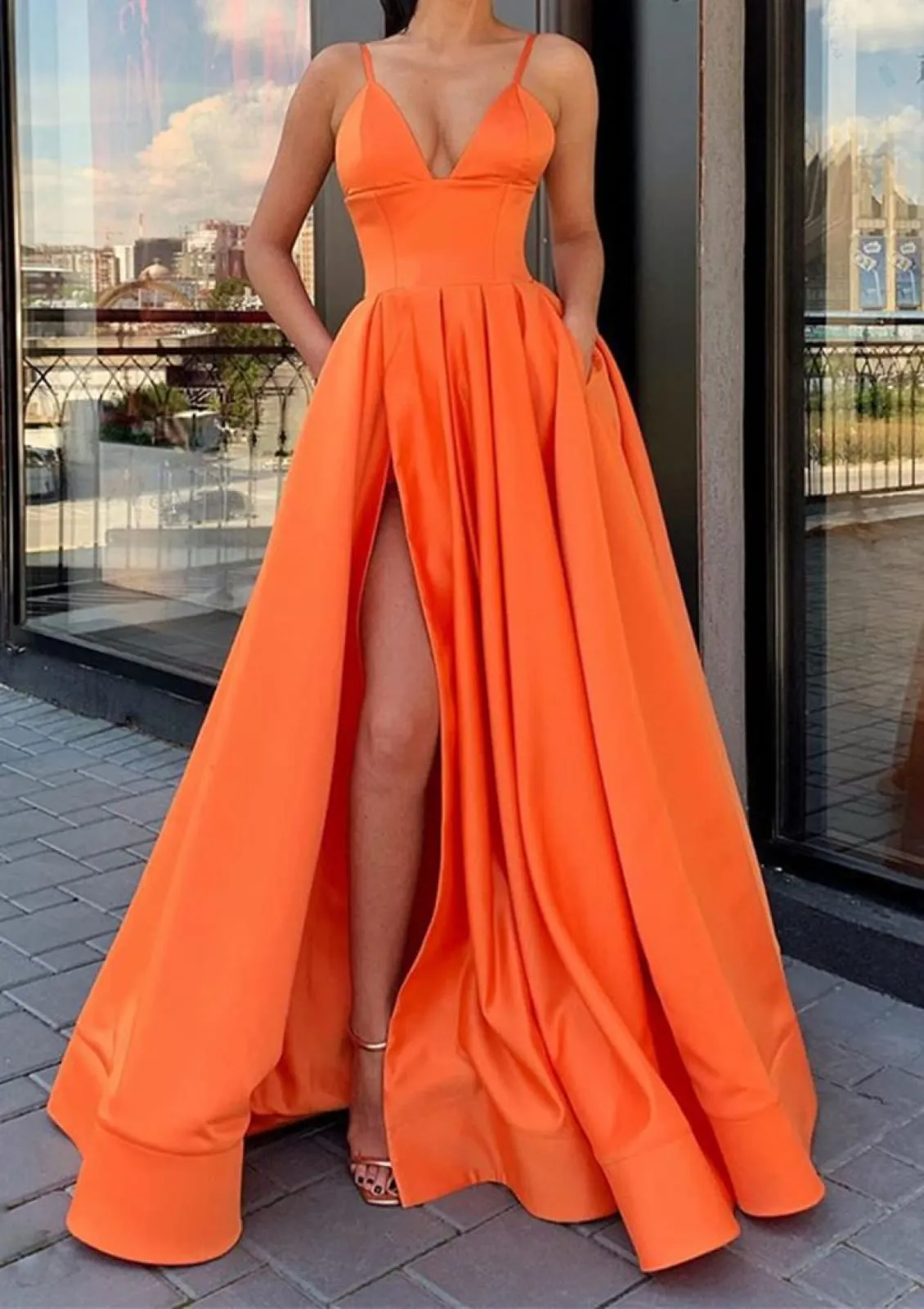 Burgundy Satin Spaghetti Strap V Neck Sweep Train Split Prom Dress