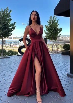 Burgundy Satin Spaghetti Strap V Neck Sweep Train Split Prom Dress