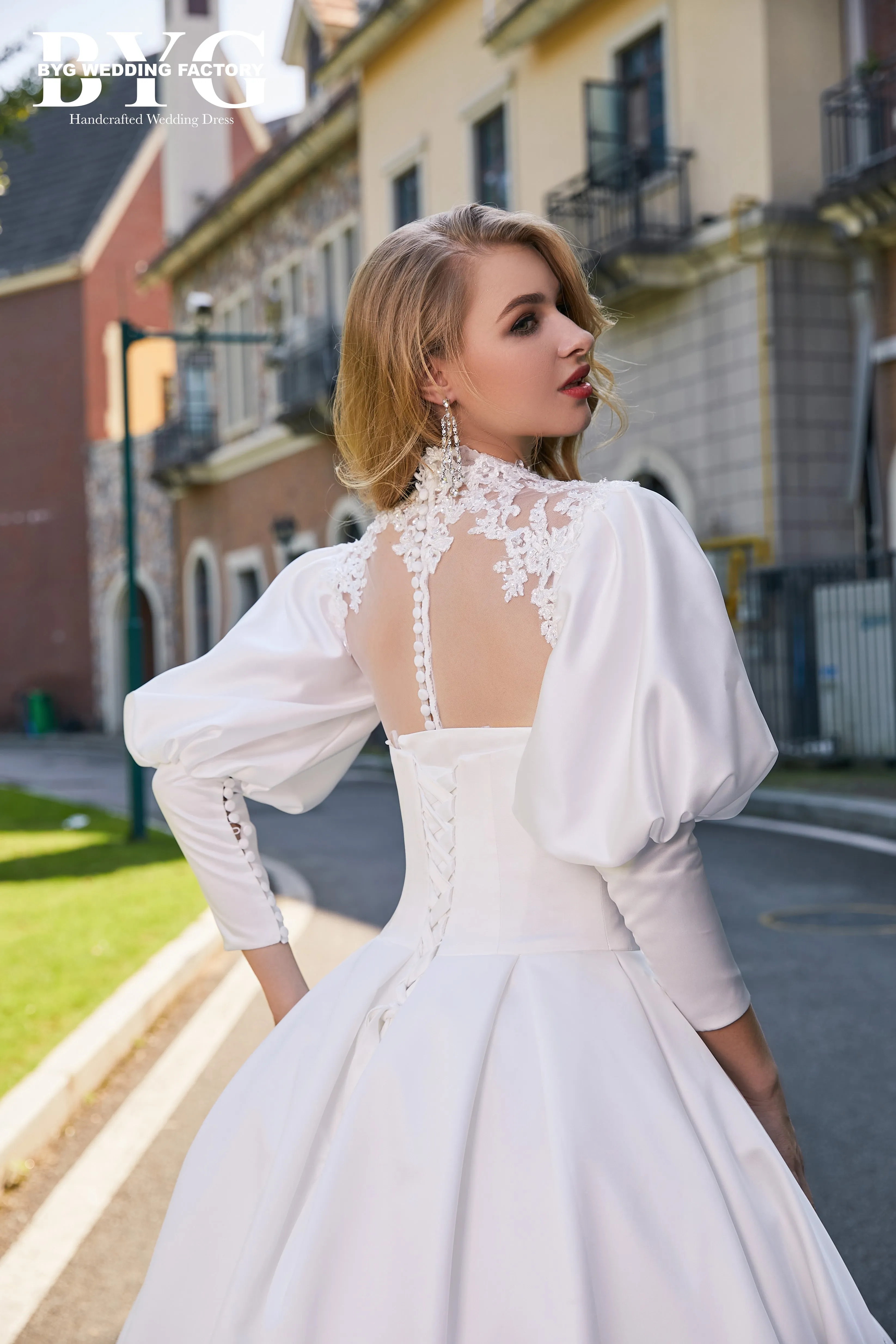 BYG #C003 two in one puff sleeves wedding dress