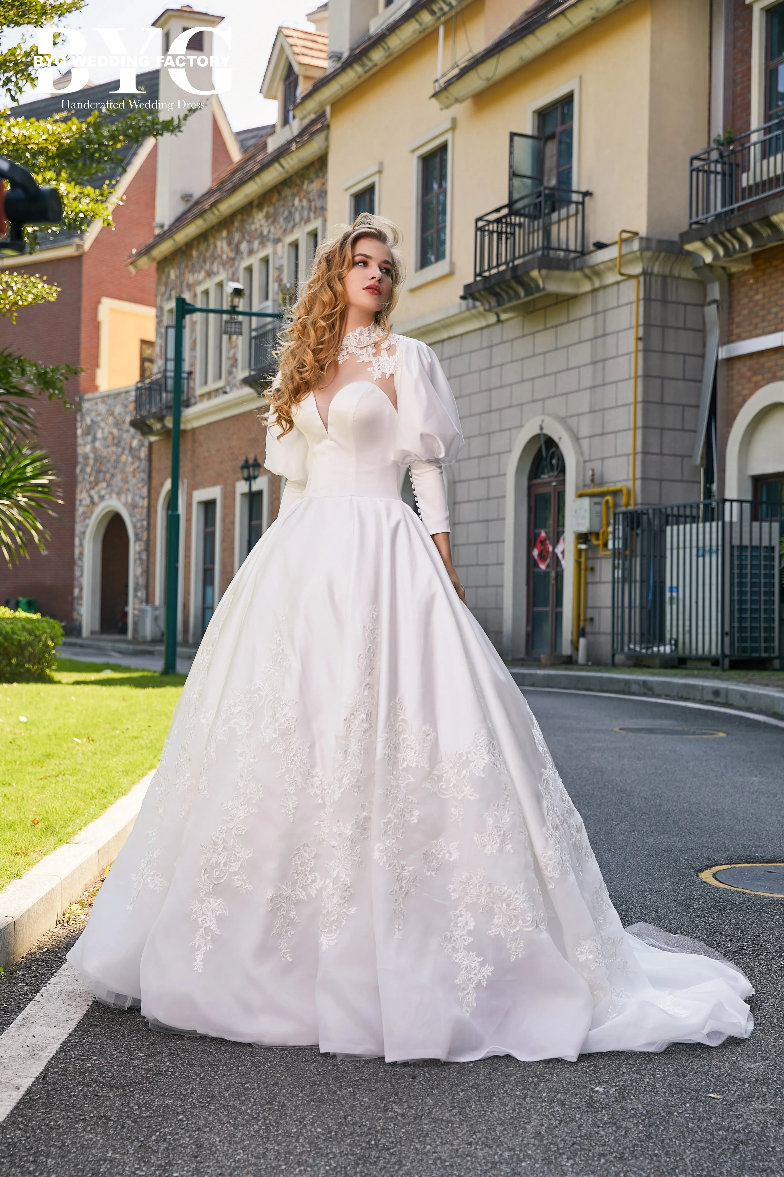 BYG #C003 two in one puff sleeves wedding dress