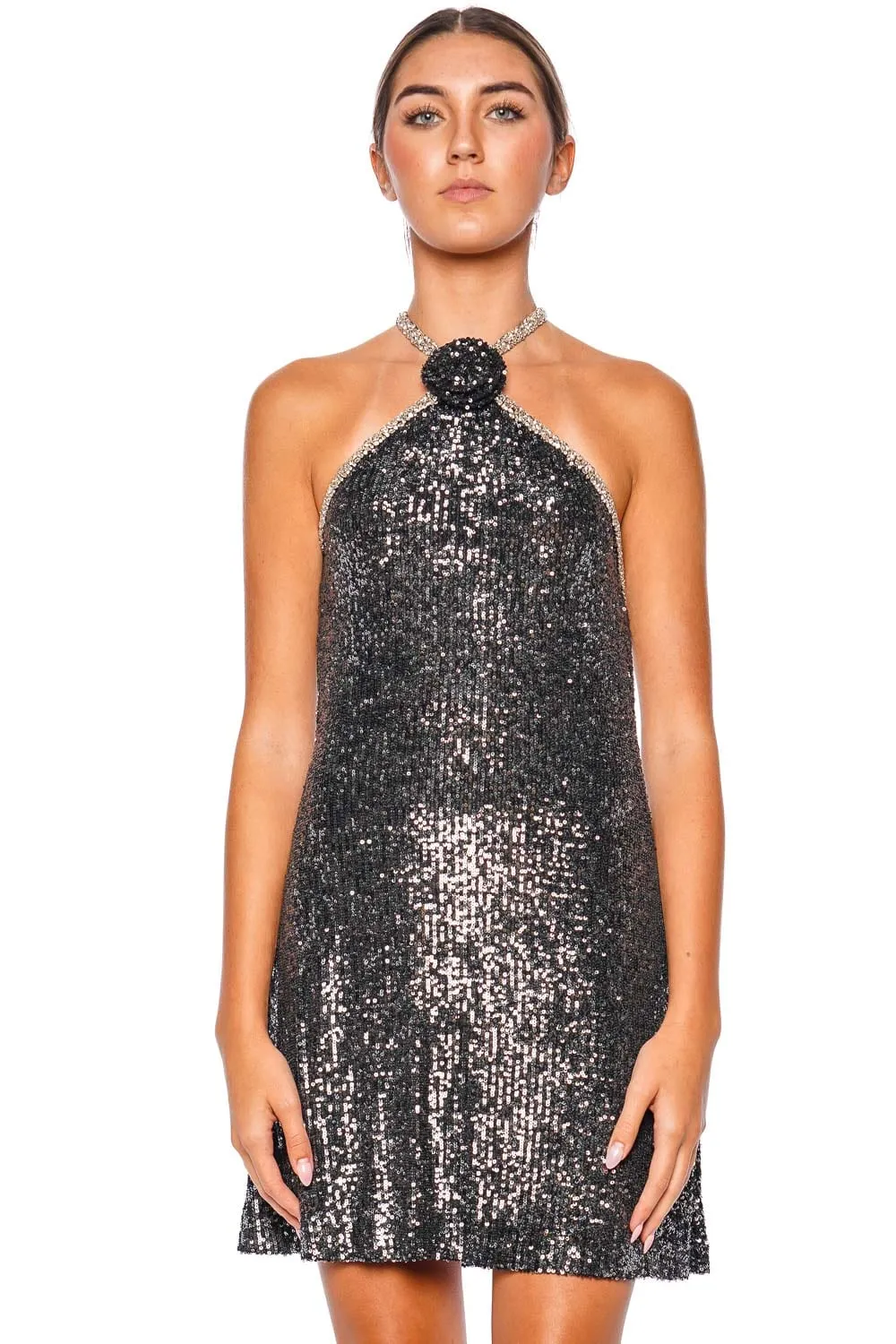 Cécile Gunmetal Sequin Halter Mini Dress