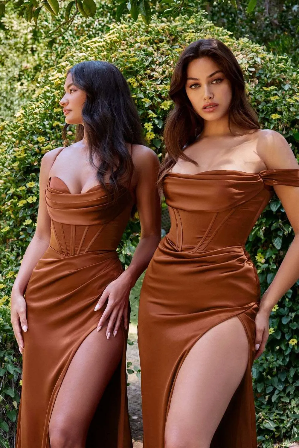 CD 7483 B - Stretch Satin Fit & Flare Prom Gown with Boned Cowl Neck Bodice Open Corset Back & Leg Slit