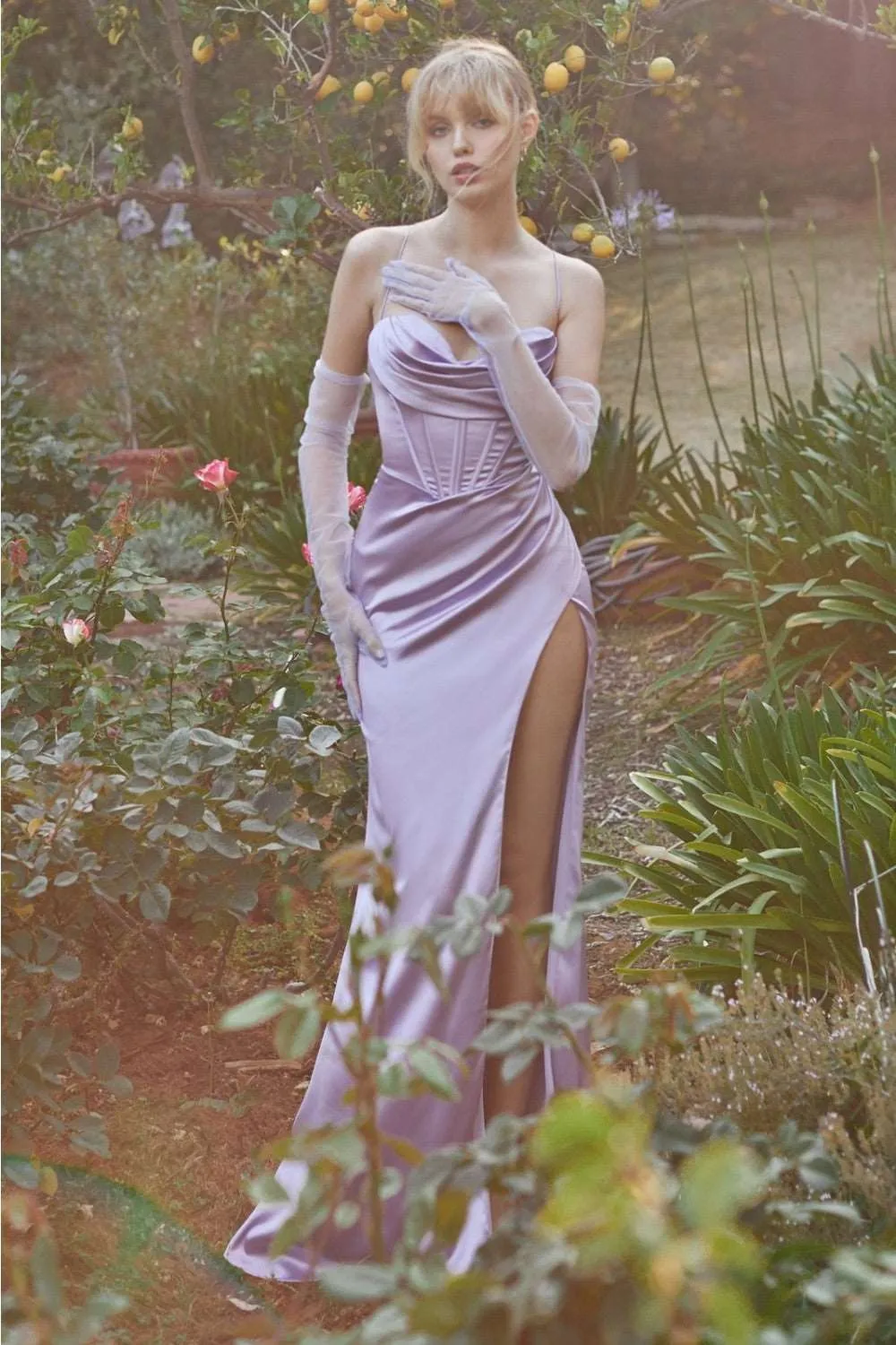 CD 7483 B - Stretch Satin Fit & Flare Prom Gown with Boned Cowl Neck Bodice Open Corset Back & Leg Slit